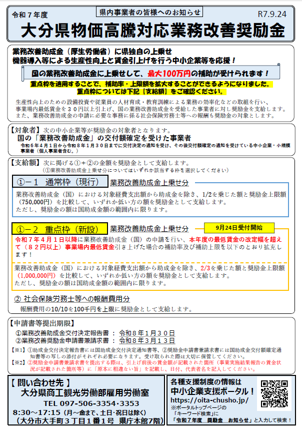 大分県物価高騰対応業務改善奨励金チラシ