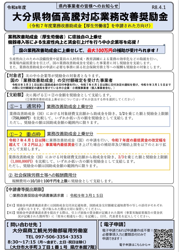 大分県物価高騰対応業務改善奨励金チラシ