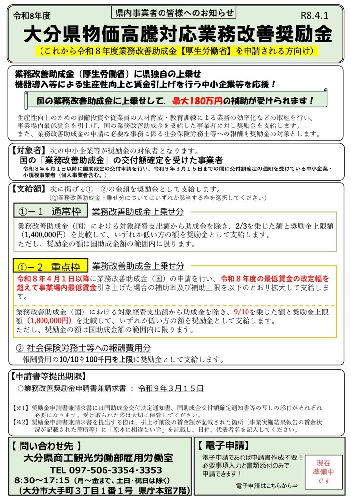大分県物価高騰対応業務改善奨励金チラシ