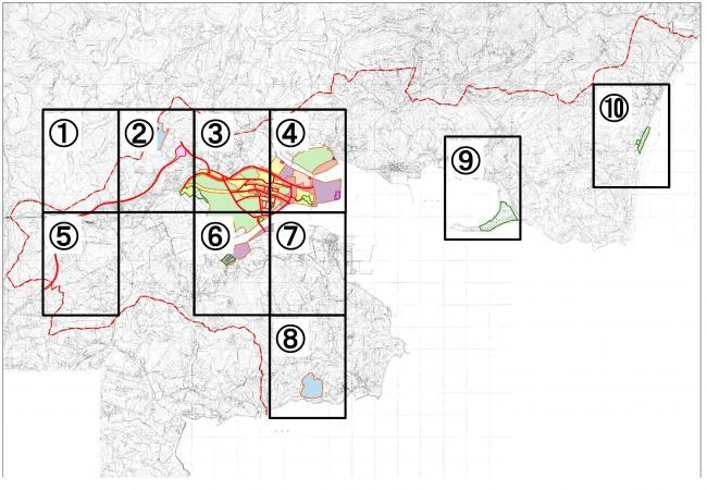 各地域ごとに1～10まで番号が振り分けられている杵築市都市計画図